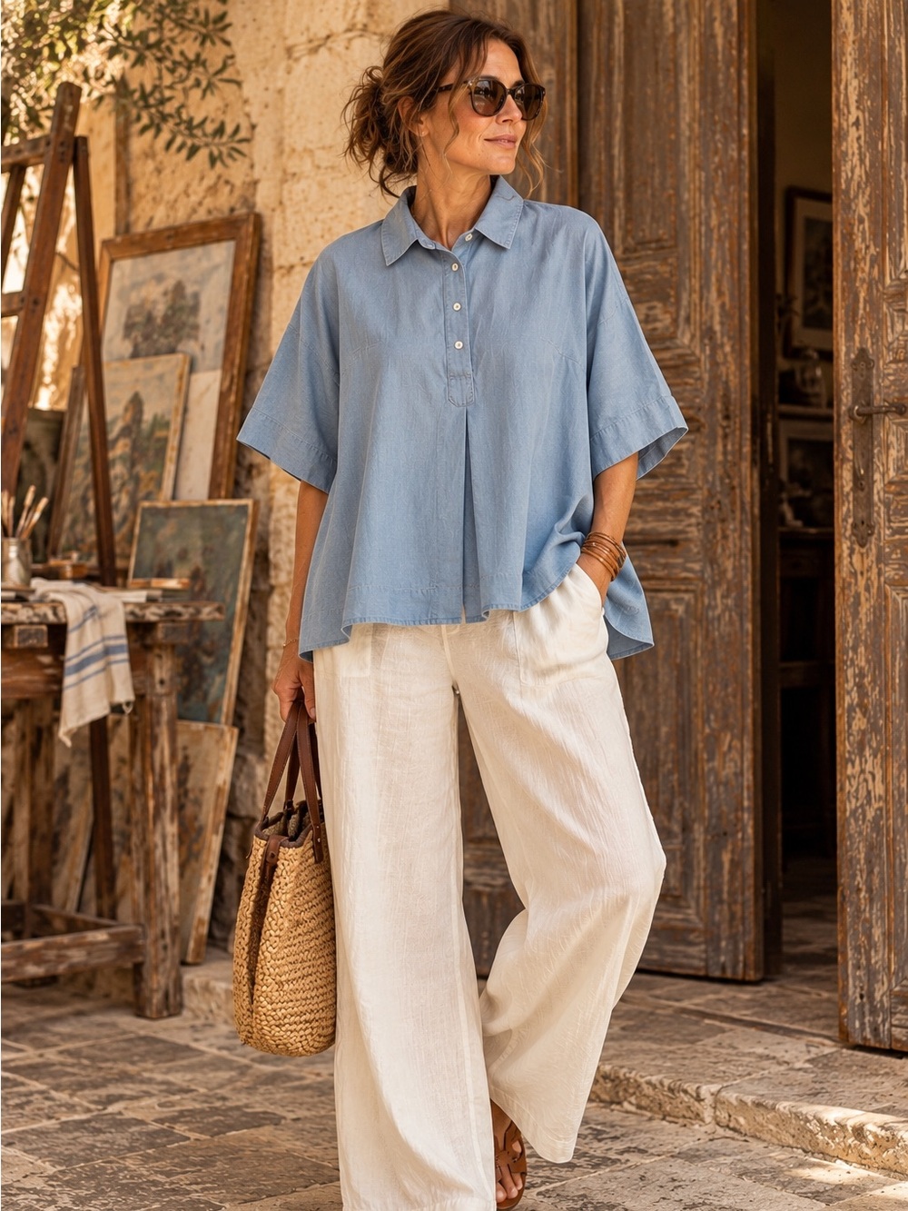 Carla Rockmore Collection Blue Large Oversized Shirt Lagenlook Coastal